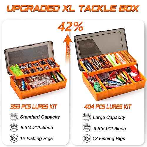 PLUSINNO 353/404 PCS Fishing Lures, Upgrade Fishing Tackle Box with Tackle Included, Crankbaits, Hooks, Weights, Other Accessories, Fishing Lure Bait Gear Equipment Kit Gift for Men Freshwater Bass