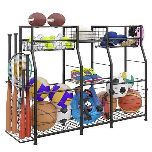Garage Sports Equipment Organizer with Wheels - Ball Storage Rack with Elastic Rope or Wire Mesh,Garage Organizer System,Indoor/Outdoor Sports Rack for Sports Gear and Toys Storage,Black
