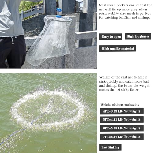 Drasry 6 FT Radius Cast Net with 1/4 Mesh and Lead Sinker for Saltwater and Freshwater Fishing