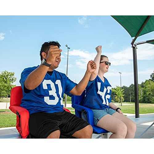 Camco Portable Stadium Seat - Steel Frame w/Padded Cushion Seat, Back Support & Armrests - Invertible Armrests for Wider Seat & Non-Skid Bottom - Great for Camping, RVing, Picnics & More - Red (53096)