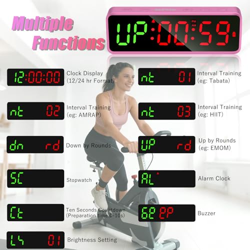 Gym Timer Clock Stopwatch with Magnetic Base - Pink Large LED Digital Display, Home & Gym Use - Matte Pink