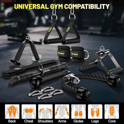 Cable Attachments for Gym, LAT Pulldown & Cable Machine Attachment Set: V-Shaped Bar, Rotating Straight Bar, V Rotation Handle, Nylon Tricep Rope, Ankle Straps & Handles, Home Gym