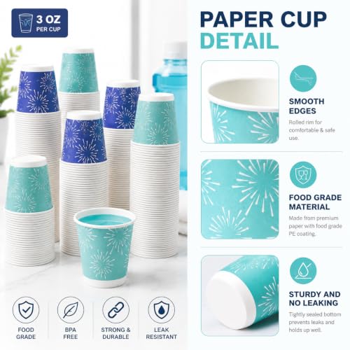 Tamone 600 Pack 3 oz Disposable Bathroom Cups - Green, Blue & Purple Fireworks Design, Small Paper Cups for Party, Travel, Home & Events