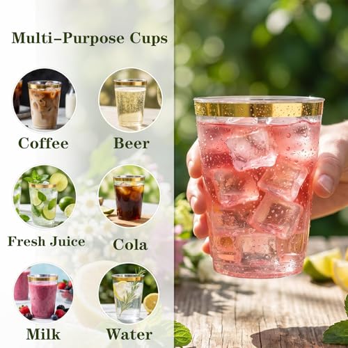 DaYammi 200 Pack Gold Rimmed Disposable Plastic Cups 10 Oz - Gold Variation