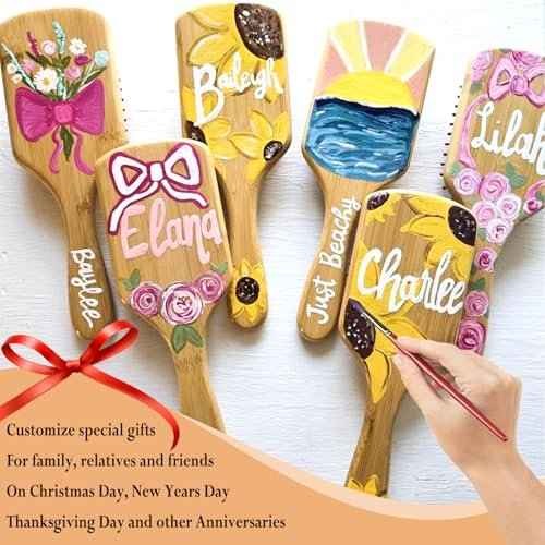 12 Pcs Bamboo Hair Brushes for Women, Bulk Natural Bamboo Bristles Paddle Brush for Scalp Massage, Engraving, Painting, DIY Custom Gifts for Wedding