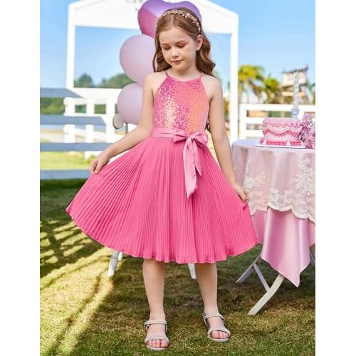 GRACE KARIN Girls Sequin Dress Christmas Party Dance Formal Birthday Fancy Sparkly Halter Chiffon Dresses Size 5-14