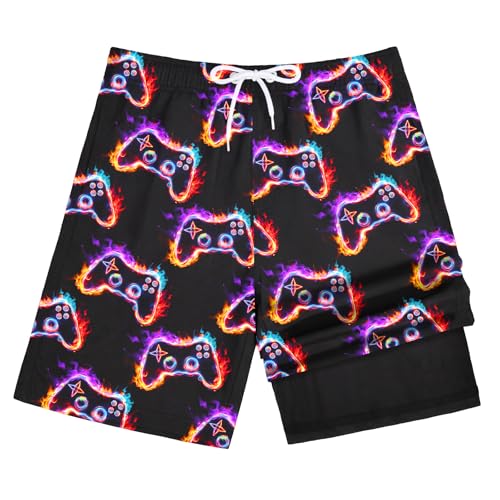 Boys Swim Trunks Bathing Suit with Compression Liner - Game Console / 10-12 Years