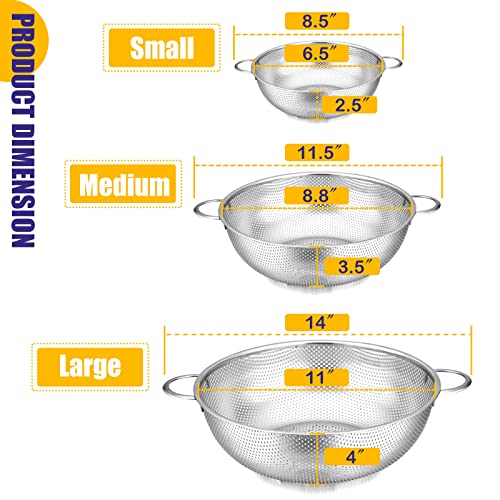 E-far Stainless Steel Colander Set of 3 (1, 3, 5 Quart) Kitchen Strainers with Handles