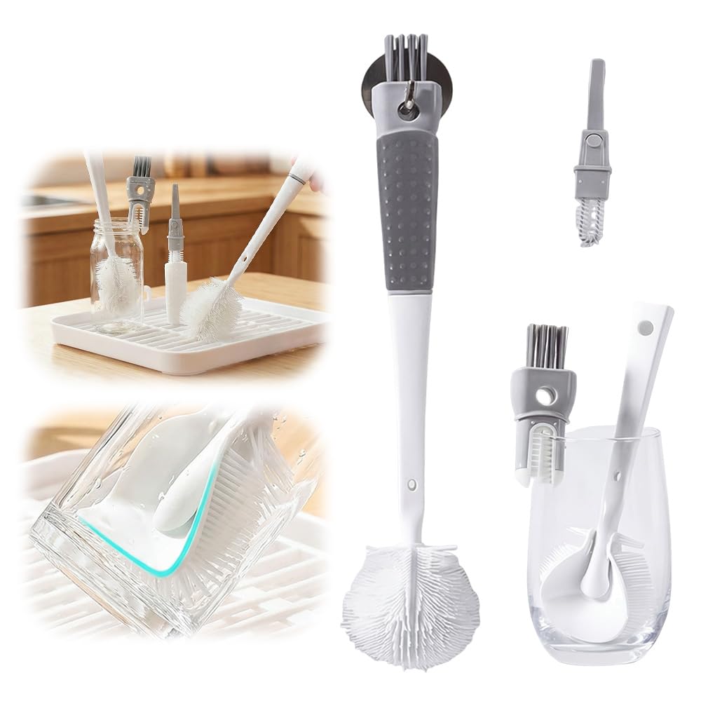 Water Bottle Cleaner Brush Compatible, 360° Flexible Silicone Bottle Brush with Long Handle,3 in 1 Brush Cleaner Kit for Narrow Neck Water Baby Bottles, Flasks Soft Bottle Brush (Grey, 1Pcs)