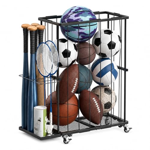 ClookRack Black Large Garage Ball Storage Rack with Wheels, Sports & Toy Organizer