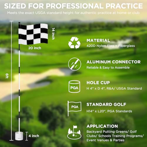 KINGTOP 6ft Golf Flagstick Set - Checkered Flag, 5-Section Portable Golf Accessories