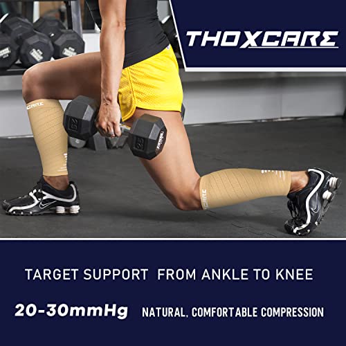 Calf Compression Sleeve for Men Women 2 Pairs - Leg Support Socks for Running Swelling Varicose Veins Pain Relief - Beige/White Medium