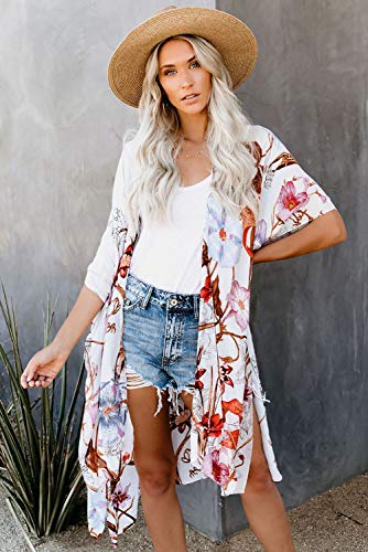 Women's Boho Sheer Kimono Cover Up - White Floral, One Size