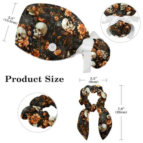 Scrub Caps Women, Adjustable Surgical Caps with Ponytail Pouch, Working Cap with Bow Hair Scrunchy, Bouffant Hat with Buttons, Skull Halloween Autumn Gothic Vintage Floral Retro