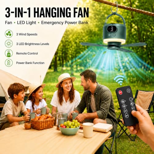Dark Green Camping Tent Fan with Light - Rechargeable Hanging Fan with Remote, 11.4 Inches