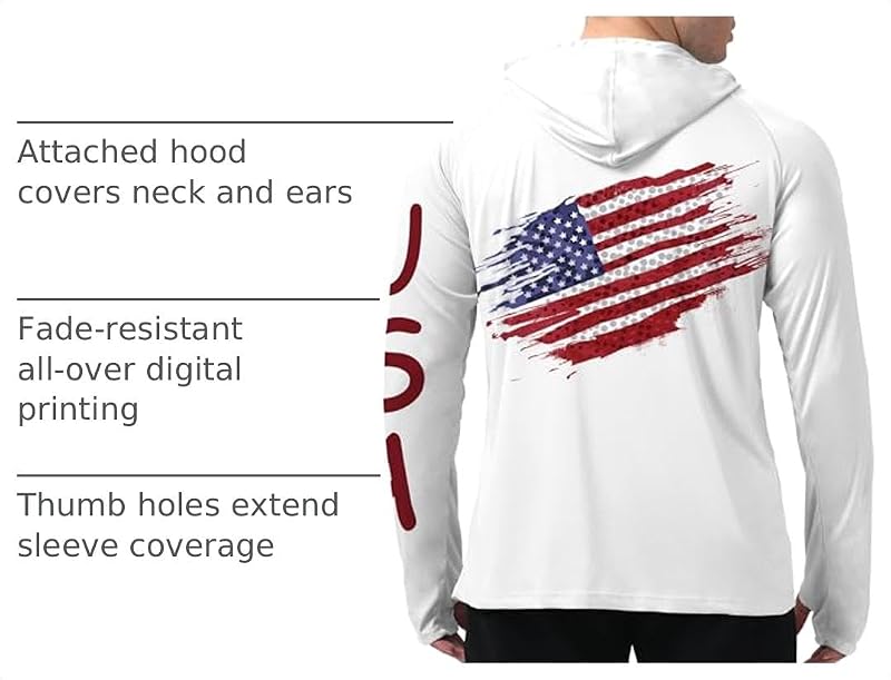 Men's American Flag Fishing Shirt Hooded UPF 50+ Sun Protection - X-Large (B-f-white-flag+X-Large)