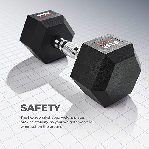 Sunny Health & Fitness Hex Style Dumbbell 5 LBS TO 50 LBS Chrome Handles, Hand Weight for Strength Training, Home Gym, Exercise, Workout Equipment Multiple Size Options