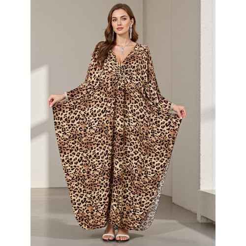 Women's Plus Size Animal Print V-Neck Batwing Kaftan Beach Dress Bathing Suit Cover-Up Loungewear