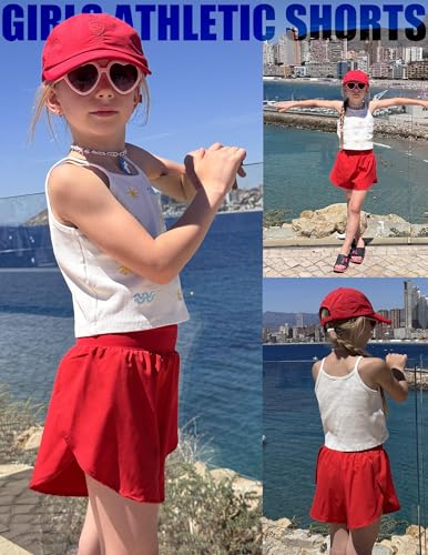 Girls Athletic Shorts with Pockets - Elastic Waist Running Shorts for 13-14 Years - Red