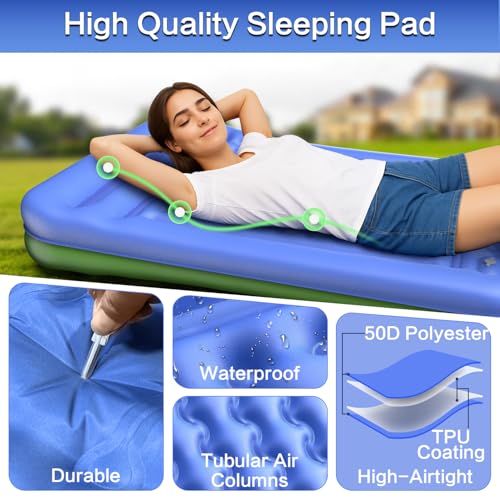 Double Sleeping Pad for Camping Blue - Extra Thick 5 Inch Self-Inflating Mattress for 2 Persons with Built-In Foot Pump