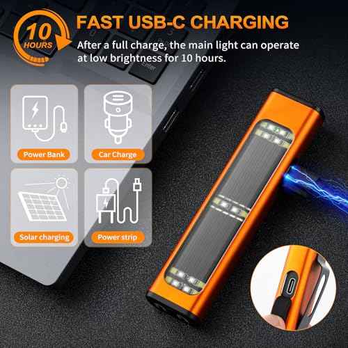 Solar/Rechargeable Flat Flashlights, 900 Lumens EDC Tactical Flashlight, Multi Function LED Small Flashlight, 7 Modes IP65 Waterproof for Home, Camping,and Emergency Use (Orange)