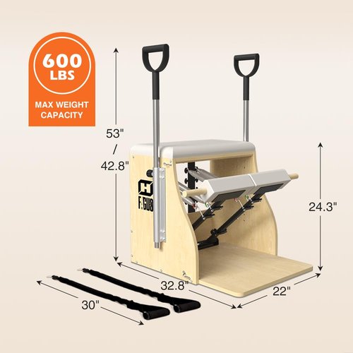 FAGUS H Pilates Pro Chair, Split-Pedal Stability Combo Chair with Handles, Yoga Fitness Trainer, Pilates Reformer Machine, Pilates Equipment Perfect for Home Use & Gym Workout, Burlywood / White Pad
