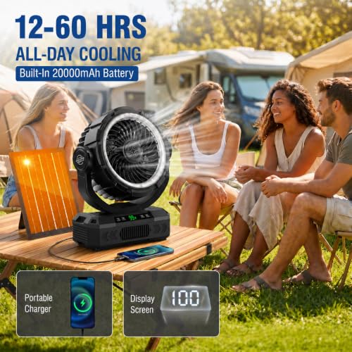 Ausic Rechargeable Solar Camping Fan & Oscillating Portable Fan with Lights - Black