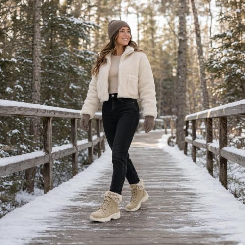 Anjoufemme Women’s Winter Snow Hiking Boots Fur Lined Beige 8.5