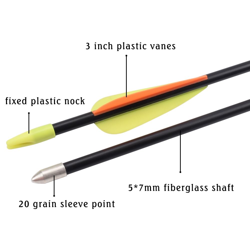 26 Inch Fiberglass Youth Arrows Archery Target Kids Recurve Bow Children Practice for Beginners Outdoor (Pack of 12)