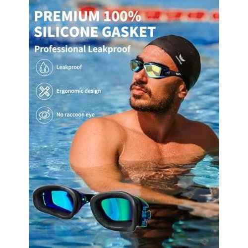 7 in 1 Swim Goggles + Swim Cap for Men Women,No Leak Anti-Fog & UV, Wide Visio HD Mirror PC Lens