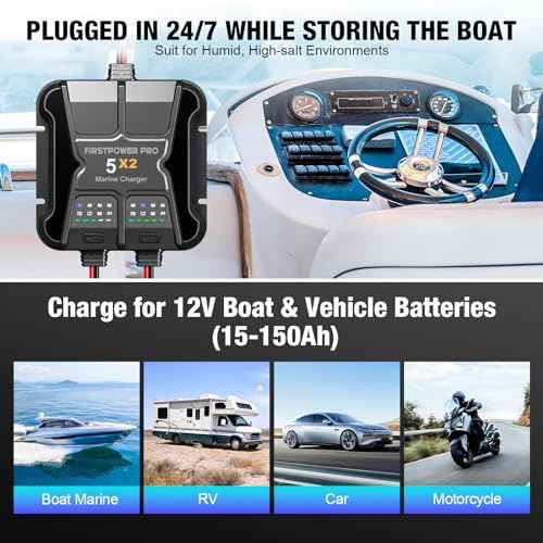 2 Bank Marine Battery Charger 5X2, 10A (5A/Bank) - 12V Waterproof Onboard Battery Charger, Battery Maintainer & Desulfator for SLA/AGM, Lithium (LiFePO4), Calcium & Deep-Cycle Battery- Charged 24/7