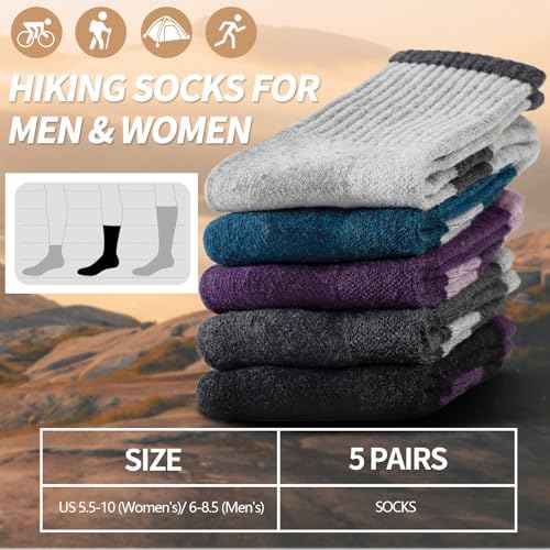Wool Socks for Women - Hiking Womens Socks 5 Pairs, Thermal Sock for Men & Women Winter Warm Moisture Wicking