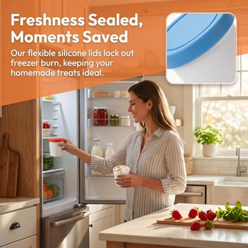 Mini Ice Cream Containers 6oz Pack of 12 with Silicone Lids - Reusable Freezer Storage