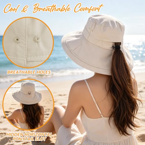 Women's UPF 50+ Waterproof Wide Brim Sun Bucket Hat with Ponytail Hole - Beige