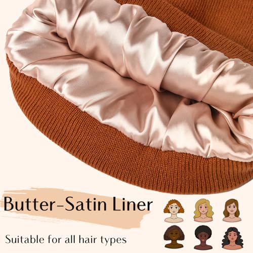 3 Pack Satin Lined Knit Beanie Hat Acrylic Winter Hats for Women Men Silk Lining Soft Slouchy Unisex Warm Cuffed Beanie Hat