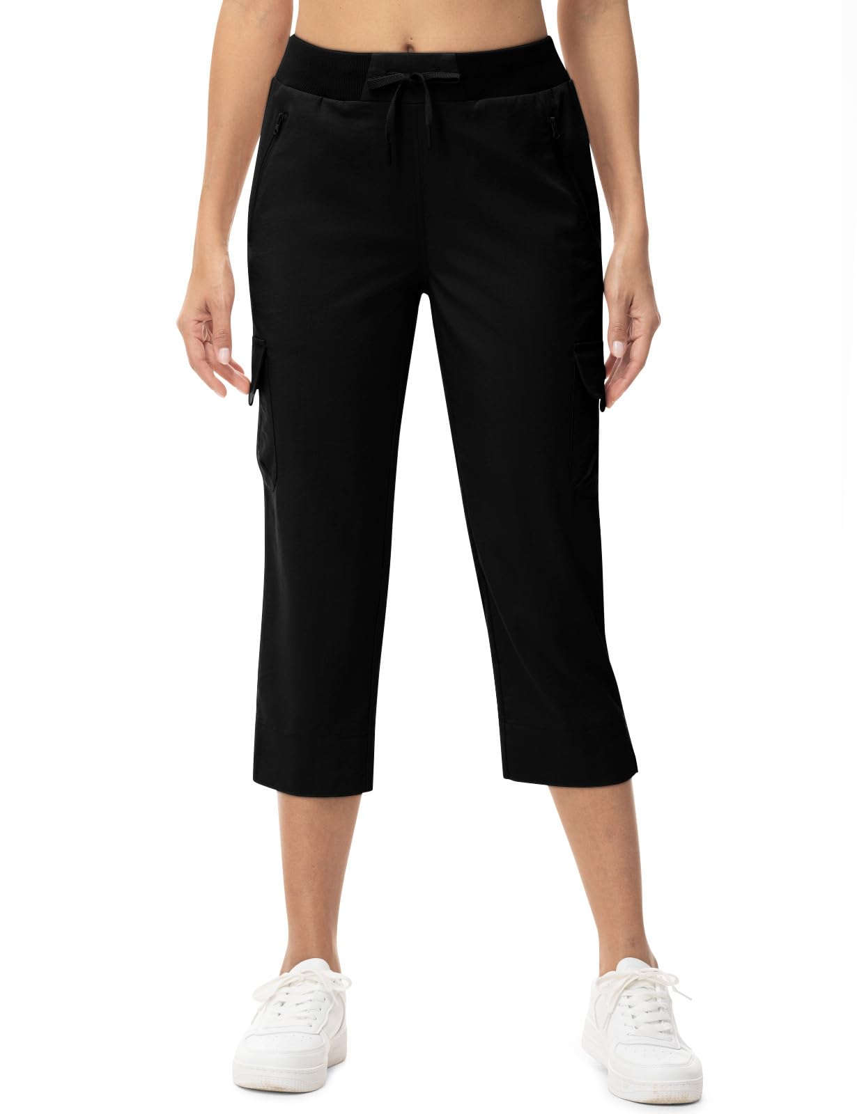 TBMPOY Women's Capri Pants Lightweight Quick Dry Hiking Cargo Pockets Casual Water Resistant Travel Cropped Cotton Black XL