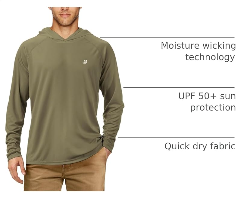 Roadbox UPF 50+ Sun Hoodie for Men, Long Sleeve Fishing Shirt with Hood - Khaki, Medium