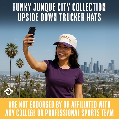Funky Junque Upside Down City Trucker Hat for Men and Women ? Unisex 3D Embroidered Gameday Baseball Cap, Retro Snapback Hats