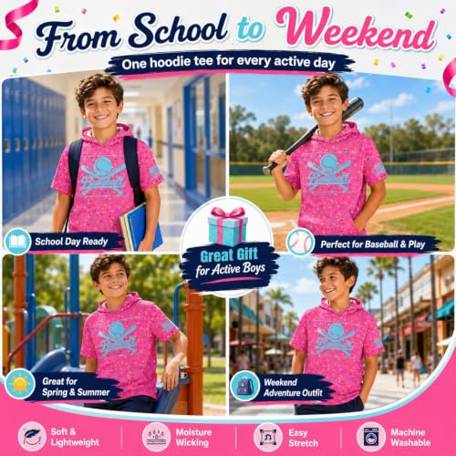 UNIFACO Boys Short Sleeve Hooded Graphic T-Shirt 7-8 Years Pink Ice Cream