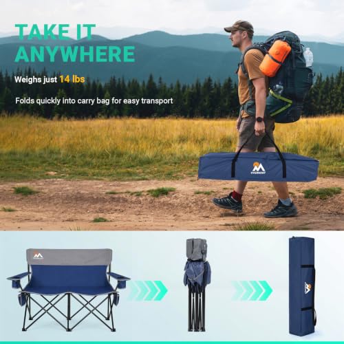 Overmont Double Camping Chair - Blue Loveseat with Cup Holders, Foldable & Heavy Duty