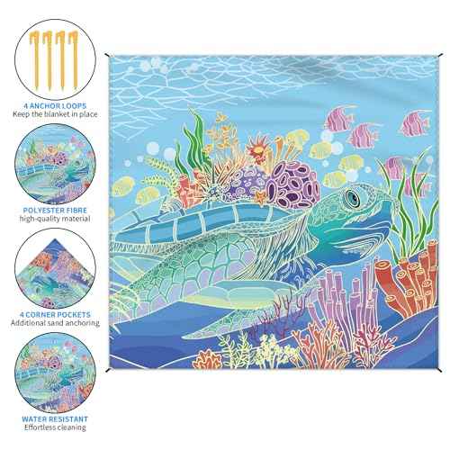 Beach Blanket Waterproof Sandproof Large Beach Mat 79" X 83" for 2-4 Adults Sand Free Mat Quick Drying,Lightweight & Durable with 4 Stakes & 4 Corner Pockets for Beach Travel Camping.(Sea Turtle)