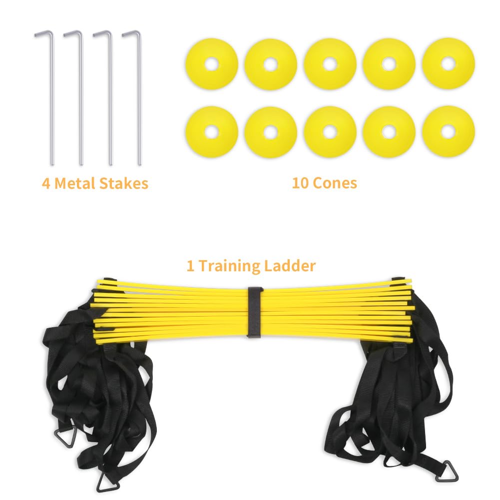 YISSVIC Agility Ladder and Cones 20 Feet 12 Adjustable Rungs Fitness Speed Training Equipment,1 Carry Bags, 10 Cones, 4 Stakes, Basketball, Soccer (20 feet Yellow)