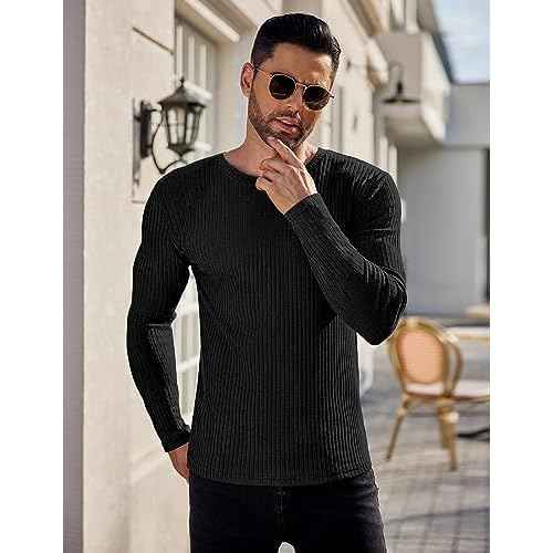 Ekouaer Men's Long Sleeve Shirts Ribbed Pullover Sweater Sim Fit Thermal Tops Crew Neck Stretchy Undershirts