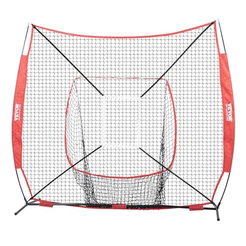 VEVOR 7x7 ft Baseball Softball Practice Net, Portable Baseball Training Net for Hitting Batting Catching Pitching, Backstop Baseball Equipment with Bow Frame, Carry Bag, Strike Zone, Ball, Batting Tee