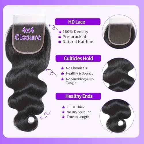 4X4 Body Wave HD Transparent Lace Closure 12 Inch Wet and Wavy 12A Brazilian Virgin Human Hair Lace Closure Natural Black