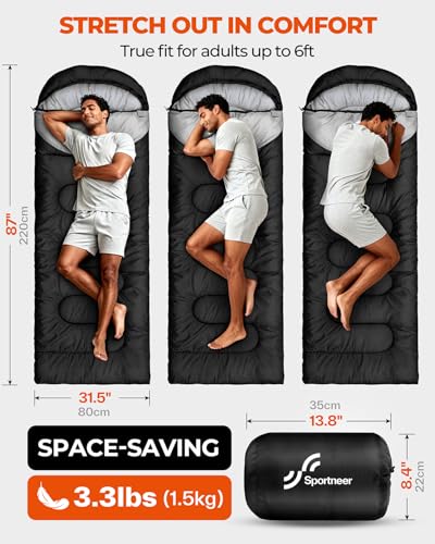 Sportneer 3-Season Sleeping Bag for Adults & Kids - Black & Light Gray, 50-80℉, 3.3lbs, Compression Sack