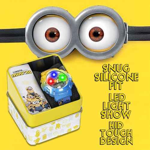 Accutime Minions Kids Watch ? Flashing Dial Lights, LCD Display, Adjustable Comfortable Strap, Collectible Tin ? Perfect for Boys and Girls