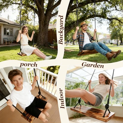 18x8 Carbonized Wooden Tree Swing Seat Heavy Duty 440 lb Load Capacity Outdoor Indoor