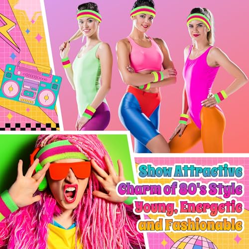 Neon Sweatbands Set - 3 Pack Neon Headband and Wristbands, Mixing Colors
