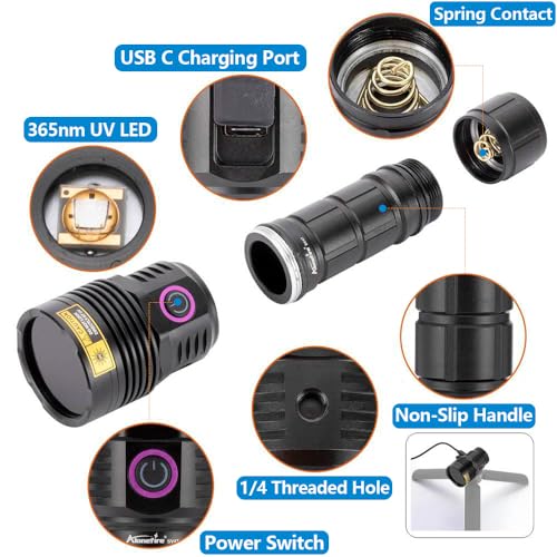 UV Blacklight Flashlight 12W 365nm Long Range UV LED with Battery and Safety Glasses